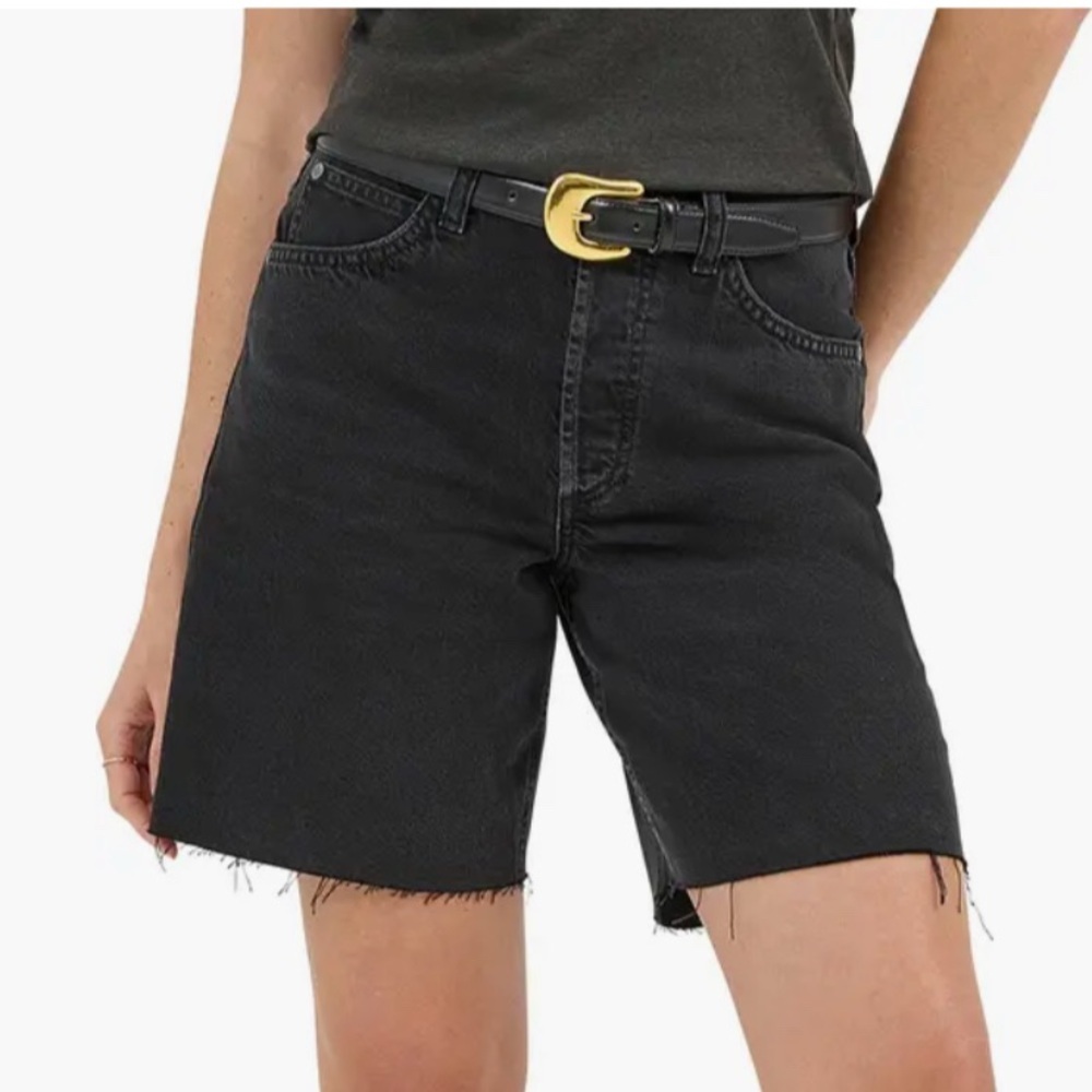LEE SLOUCH DENIM BLACK MID RISE FRAYED BERMUDA SHORTS